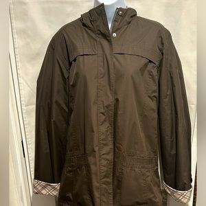 IZOD women’s jacket with hood, lite brown w/ plaid lining, waterproof, XL, used.